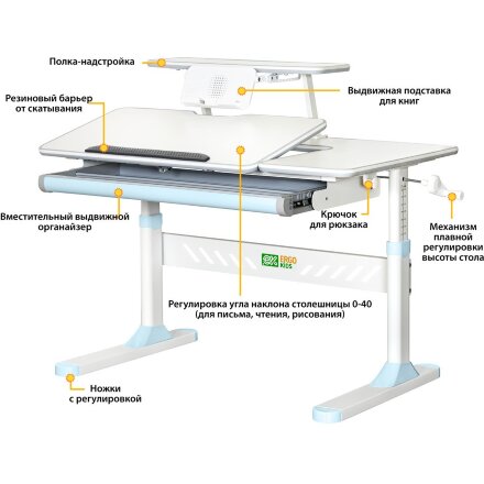 Детский стол Ergokids TH-320 Green  арт.TH-320 W/Z  - столешница белая / накладки на ножках светло голубые  одна коробка 