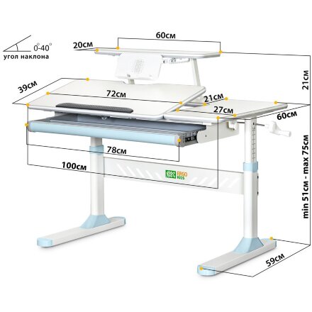 Детский стол Ergokids TH-320 Green  арт.TH-320 W/Z  - столешница белая / накладки на ножках светло голубые  одна коробка 
