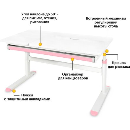 Детский стол Ergokids Bravo White/Pink  арт. TH-360 Lite WG/PN  - столешница белая / накладки на ножках розовые  коробок-1 шт. 