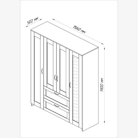 Шкаф для одежды четырехстворчатый, с двумя выдвижными ящиками и одним зеркалом СИРИУС 